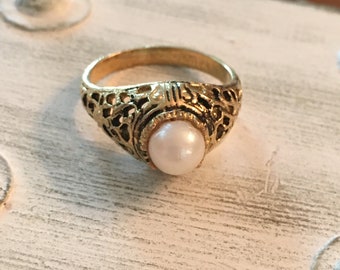 Vintage Ornate 14k GF Genuine Pearl Ring Size 6
