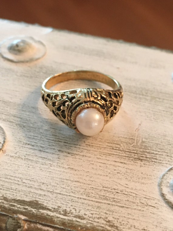 Vintage Ornate 14k GF Genuine Pearl Ring Size 6