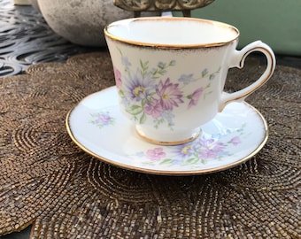 Duchess Bone China Light Purple Floral Teacup and Saucer Set Made in England