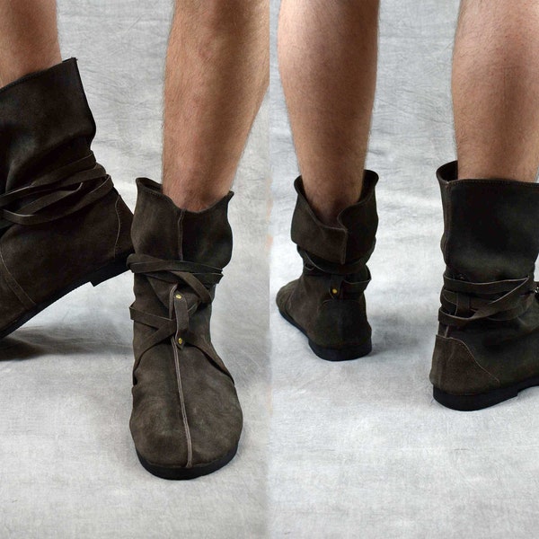 MENS LARP BOOTS Cosplay Lace Tie up  Forest Stage Pirate Robin Hood Leather Independent source Small batch Hand Made