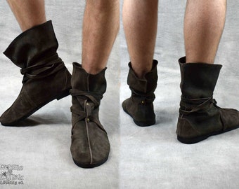 MENS LARP BOOTS Cosplay Lace Tie up  Forest Stage Pirate Robin Hood Leather Independent source Small batch Hand Made