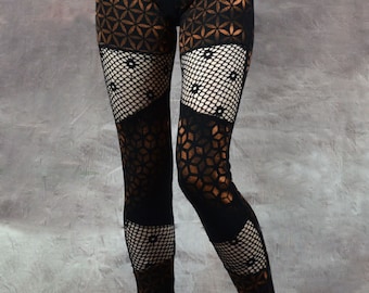 SACRED GEOMETRY LEGGINGS Net Flower of Life Pixie Hippy Psytrance Festival Goa Party Hand Made Hand Dyed In House at Wobble and Squeak