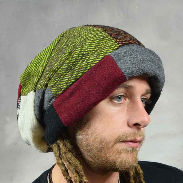 DREADLOCK BEANIE HAT Rasta Extra Large Patchwork Acrylic Fleece Hippy Psytrance Festival Eco Fashion