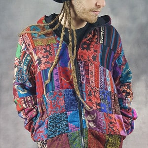 PATCHWORK JACKET Vegan Wool Cotton Lining Colourful Hippy Pixie Psytrance Festival UNISEX Hooded
