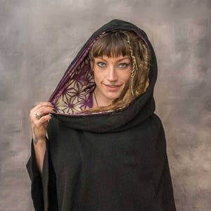 MANDALA JEDI PONCHO Woollen Warm Cosy Large Cowl Hood Hooded hand dyed cotton Fairtrade Eco Fashion Hippy Pixie Psytrance Festival Winter