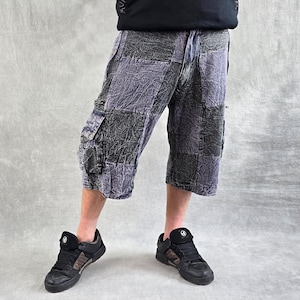 Patchwork Stonewash Cargo Shorts: Three Quarter Length Baggy Skate Pants Gray