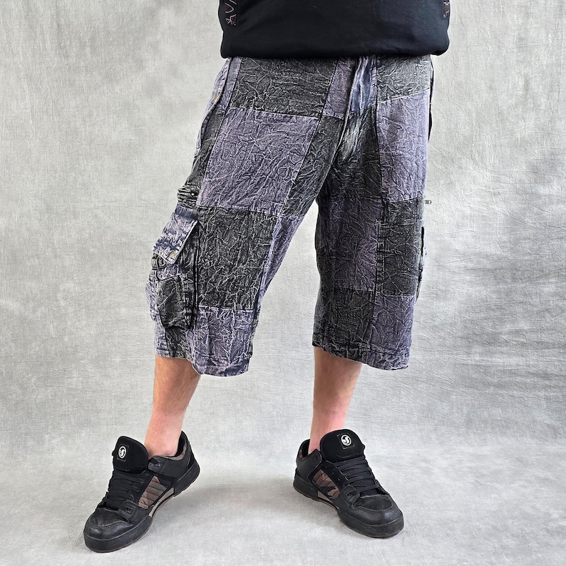 Patchwork Stonewash Cargo Shorts: Three Quarter Length Baggy Skate Pants Gray