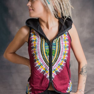Womens Hooded Waistcoat: Psytrance Aztec African Print Fleece Vest