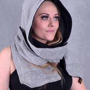 WOOLEN SNOOD HOOD Acrylic Fleece Wooly Cosy Winter Scarf Warm Pixie Hippy Psytrance Festival Fairtrade Ethical Eco Fashion White/Grey