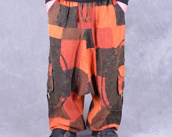 Patchwork Stonewashed Harem Pants: Heavy Duty Cotton Unisex Festival Trousers with large pockets