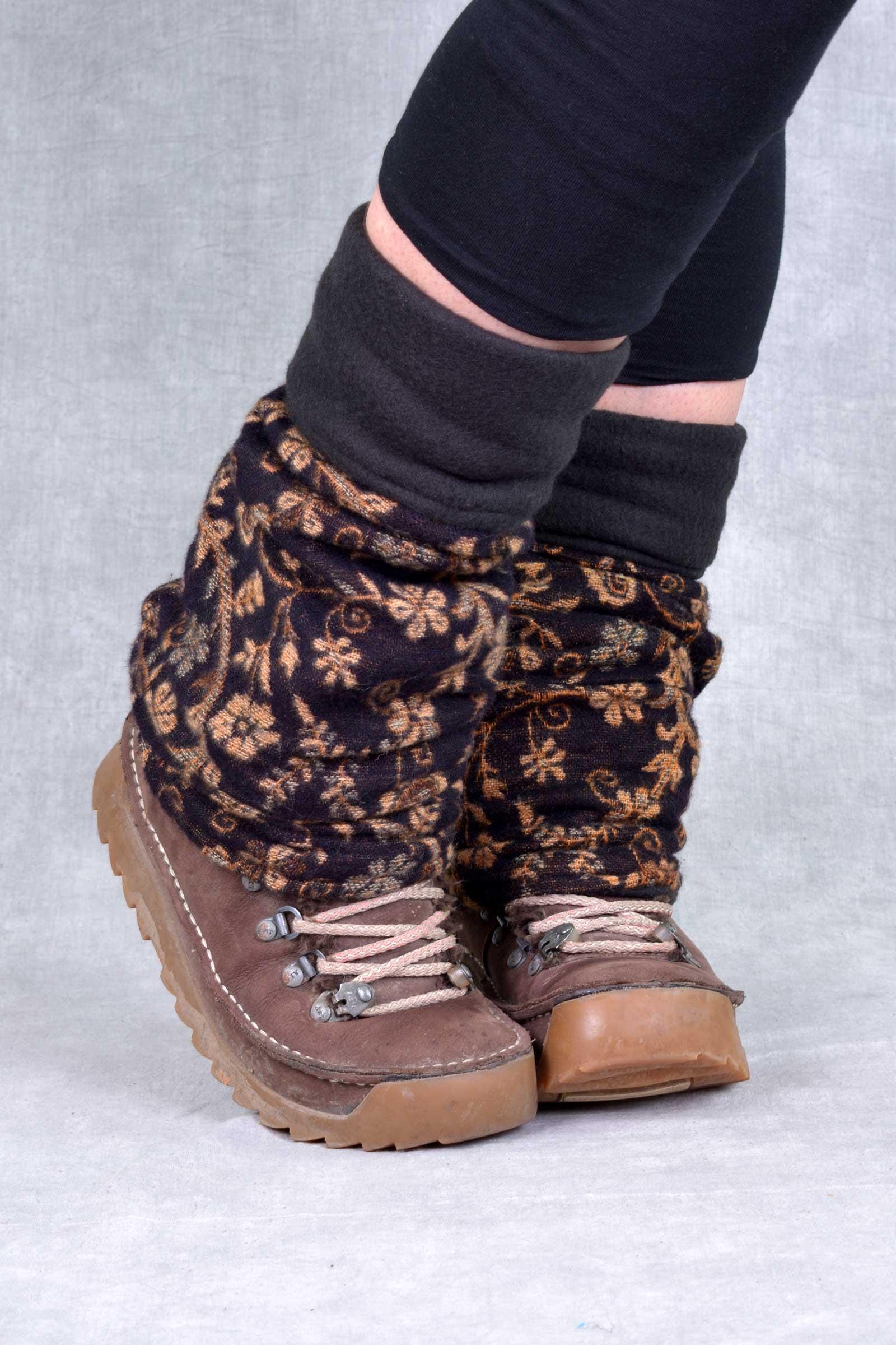 Fleece Lined Paisley Legwarmers, Vegan Wool Leg Covers, cosy Boho boot cuffs alternative winter boot toppers warm winter gift