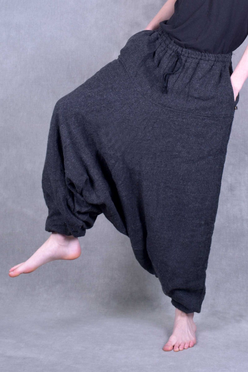 FLEECE LINED HAREMS Unisex Woollen Fairtrade Kashmir Ali Baba Trousers Psytrance Festival Hippy Warm Harem Acrylic Fleece Cosy Winter Dark Grey