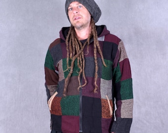 Patchwork wool Jacket Extra Large Hood Fleece lined Zip Up festival Boho