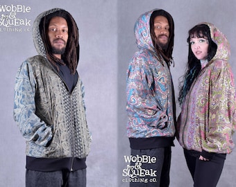 UNISEX BOMBER JACKET Hooded Silk Light Summer Zip Up Disco Hippy Psytrance Festival Coat