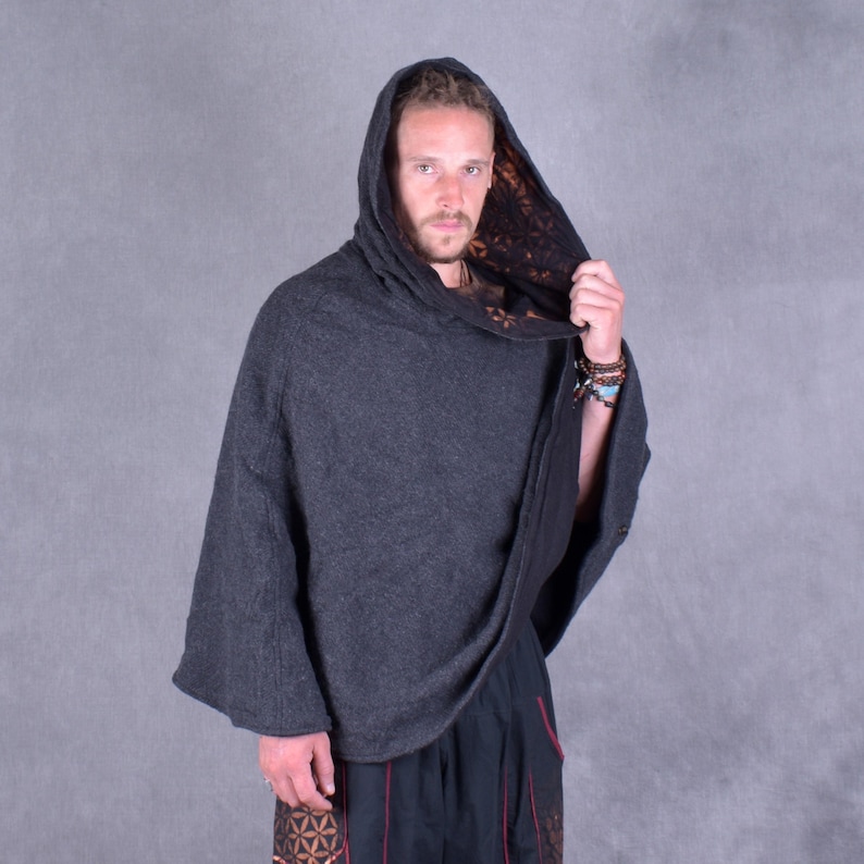 Poncho de festival con capucha nómada y forro de algodón con mandala de geometría sagrada unisex para festivales imagen 18