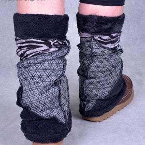 Fleece Lined LEG WARMERS Patchwork Warm Hippy Pixie Festival Psytrance Wooly Cosy Vegan WOOLEN acrylic fleece Fairtrade Grey