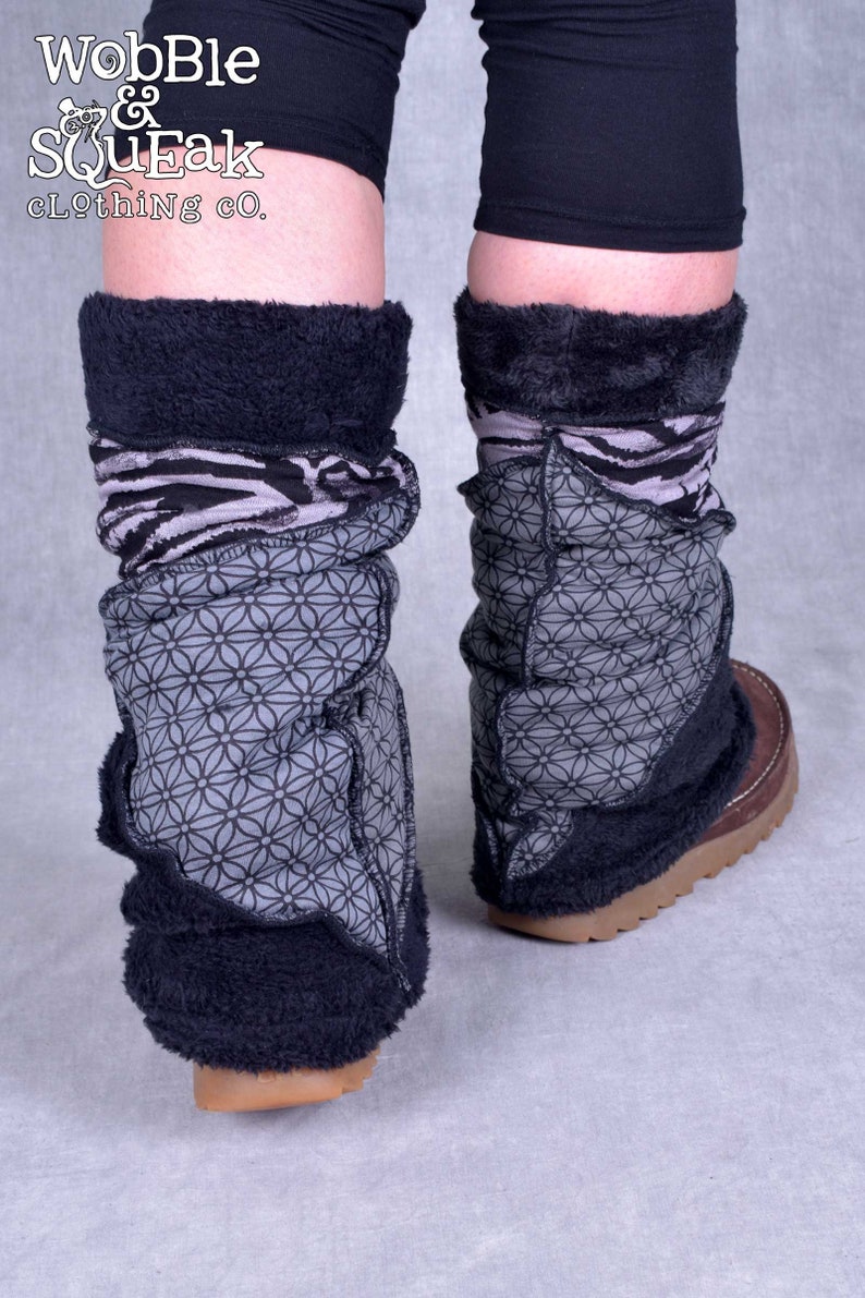 Fleece Lined LEG WARMERS Patchwork Warm Hippy Pixie Festival Psytrance Wooly Cosy Vegan WOOLEN acrylic fleece Fairtrade Grey