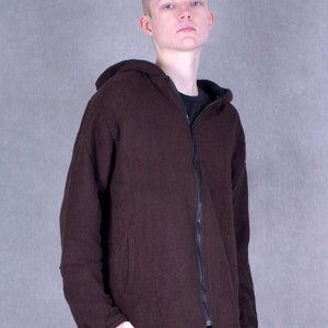 WOOLEN JACKET Extra Large Hood Acrylic Fleece Lining Unisex Warm Cosy Winter Thick Psytrance Festival Wool Hippy Fairtrade Ethically Made Dark Brown