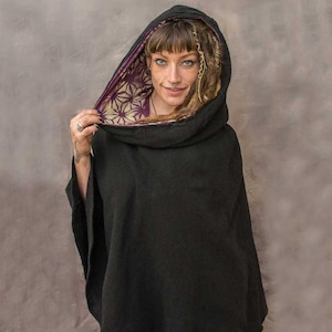 MANDALA JEDI PONCHO Woollen Warm Cosy Large Cowl Hood Hooded hand dyed cotton Fairtrade Eco Fashion Hippy Pixie Psytrance Festival Winter