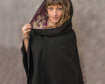 Nomad Hooded Cloak Festival Poncho with Cotton Lining Sacred Geometry Mandala Unisex Festival