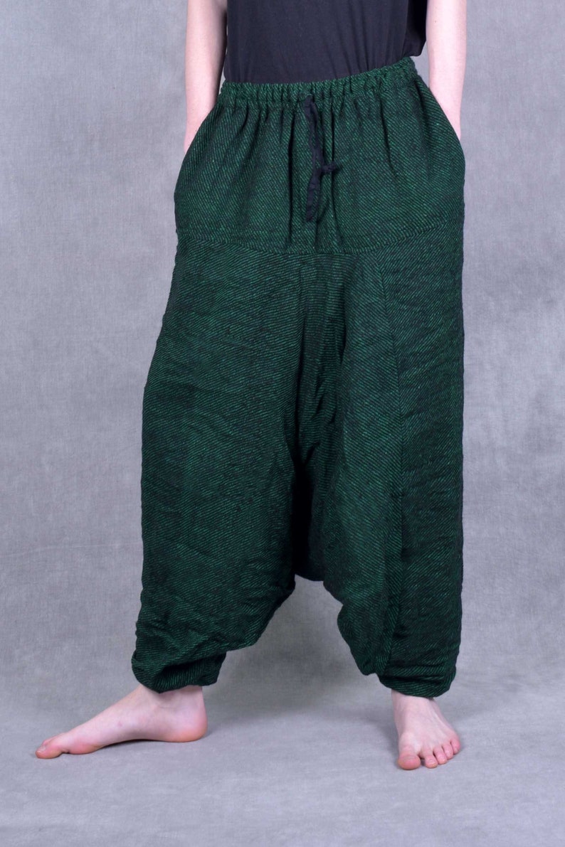 FLEECE LINED HAREMS Unisex Woollen Fairtrade Kashmir Ali Baba Trousers Psytrance Festival Hippy Warm Harem Acrylic Fleece Cosy Winter Dark Green