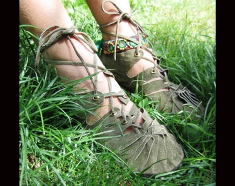 Pixie tribal Sandals Leather OLIVE COLOUR Hippy Psytrance Festival Boho Ethnic Party Wear Ethical Production Eco Fashion