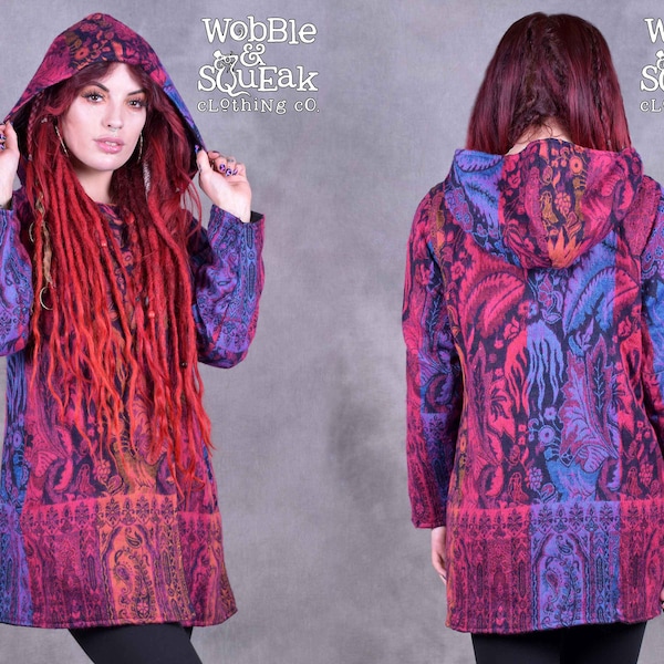 VESTE EN LAINE À CAPUCHE Laine végétalienne, col bénitier coloré, capuche ajustée Fée hippie du festival de psytrance