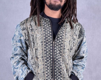 Blouson aviateur en soie : manteau unisexe à fermeture éclair festival, commerce équitable