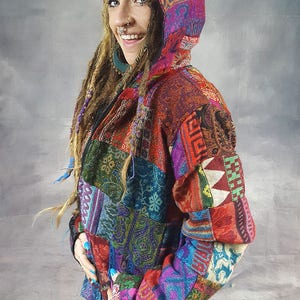 PATCHWORK JACKET Vegan Wool Cotton Lining Colourful Hippy Pixie Psytrance Festival UNISEX Hooded image 9