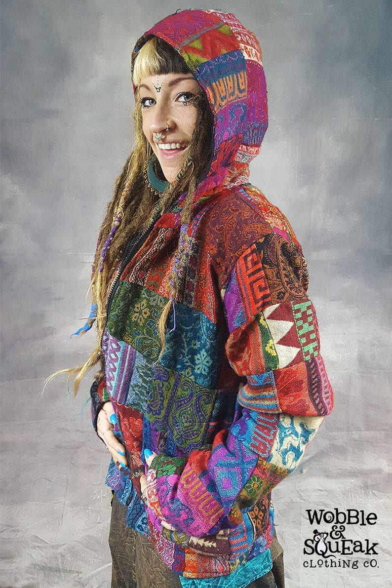 PATCHWORK JACKET Vegan Wool Cotton Lining Colourful Hippy Pixie Psytrance Festival UNISEX Hooded image 9