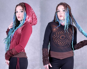 Extra large HOODED JUMPER SWEATSHIRT Hippy Pixie Psytrance Festival Party Top Fairtrade Goa Hand Dyed Hand made Sacred Geometry Cowl hood