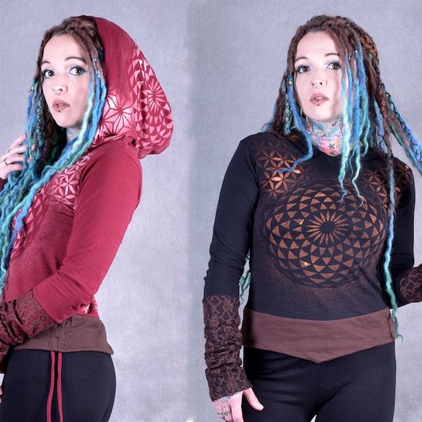 Extra large HOODED JUMPER SWEATSHIRT Hippy Pixie Psytrance Festival Party Top Fairtrade Goa Hand Dyed Hand made Sacred Geometry Cowl hood