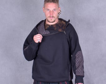 Geometric Print Hoodie Pullover Fleece Lined Sweater With Side Zip Festival Streetwear