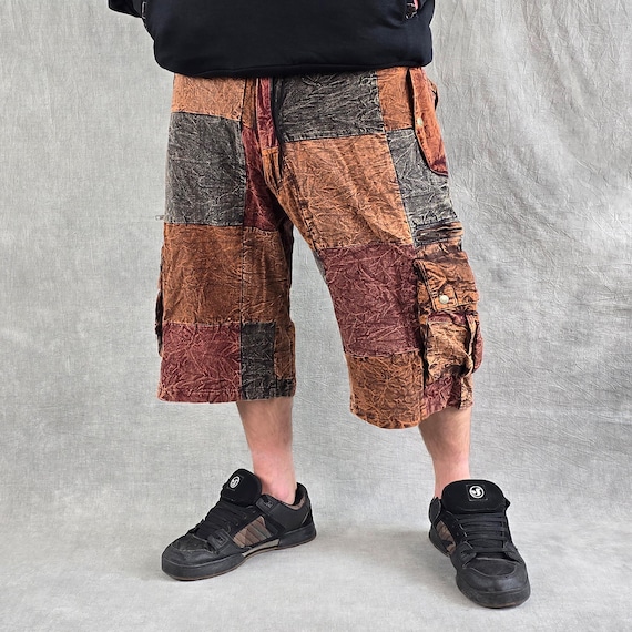 Patchwork Stonewash Cotton Baggy Shorts Festival Clothing Men Hippie Boho unisex