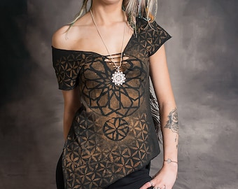 Tie Dye Dress Top: Hand-Printed Mandala Flower of Life Design