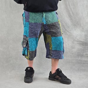 Patchwork Stonewash Cargo Shorts: Three Quarter Length Baggy Skate Pants Petrol Blue