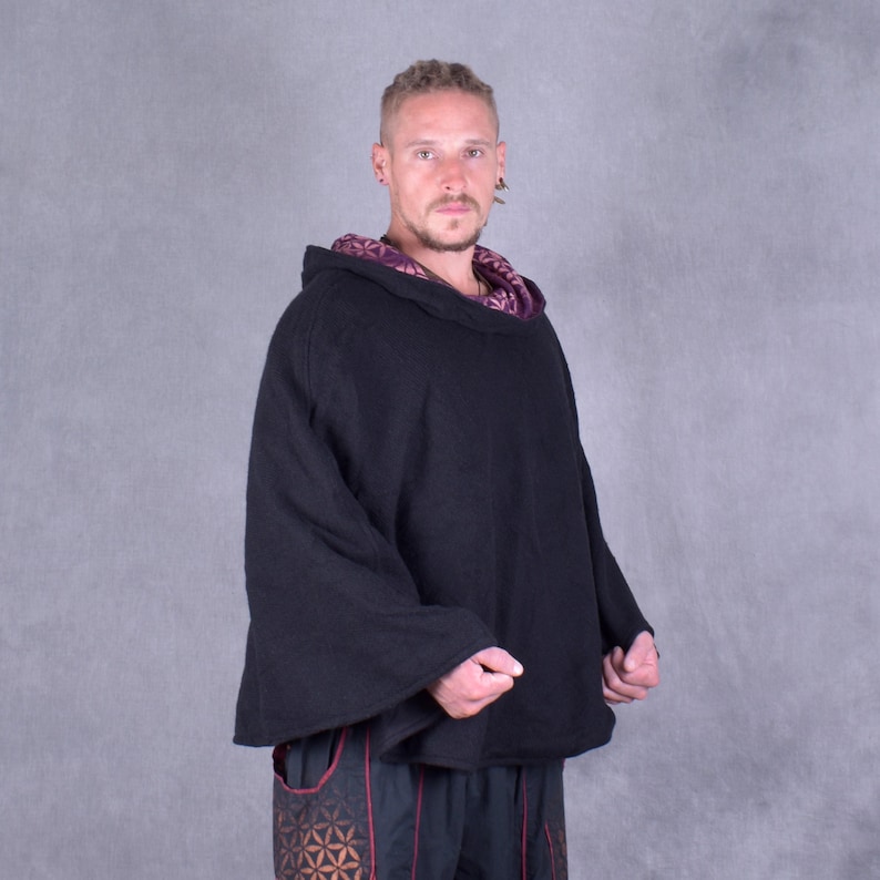 Poncho de festival con capucha nómada y forro de algodón con mandala de geometría sagrada unisex para festivales imagen 16