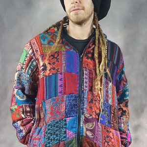 PATCHWORK JACKET Vegan Wool Cotton Lining Colourful Hippy Pixie Psytrance Festival UNISEX Hooded image 7