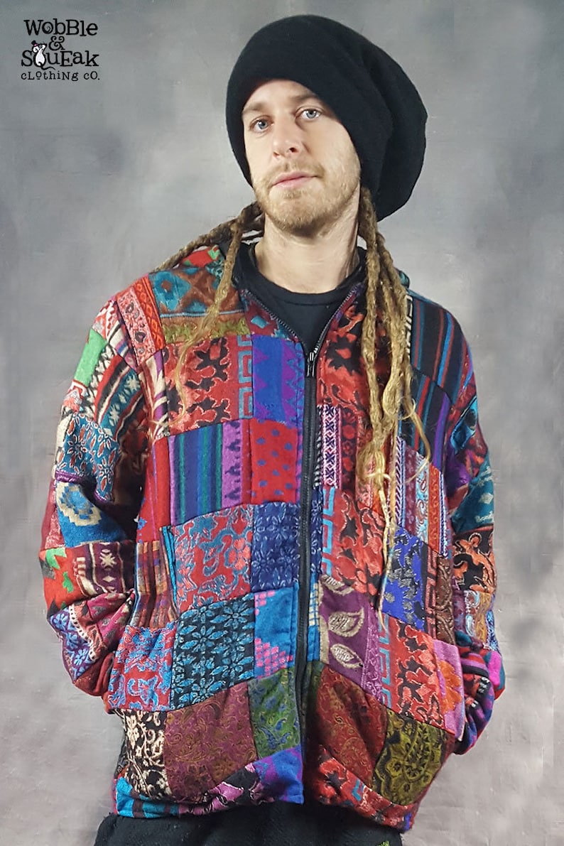 PATCHWORK JACKET Vegan Wool Cotton Lining Colourful Hippy Pixie Psytrance Festival UNISEX Hooded image 7