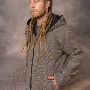 WOOLEN JACKET Extra Large Hood Acrylic Fleece Lining Unisex Warm Cosy Winter Thick Psytrance Festival Wool Hippy Fairtrade Ethically Made Brown/White