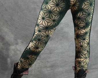 WEAVE LEGGINGS Sacred Geometry Geo-flame Psytrance Pixie Festival Customised Made in House and Dyed In the UK at Wobble and Squeak