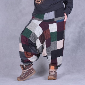 Pantalones unisex de patchwork con forro polar, estilo harén Ali Baba, unisex, de lana, hippies, éticos, acogedores, cálidos, de comercio justo, para invierno, que se tambalean y chirrían