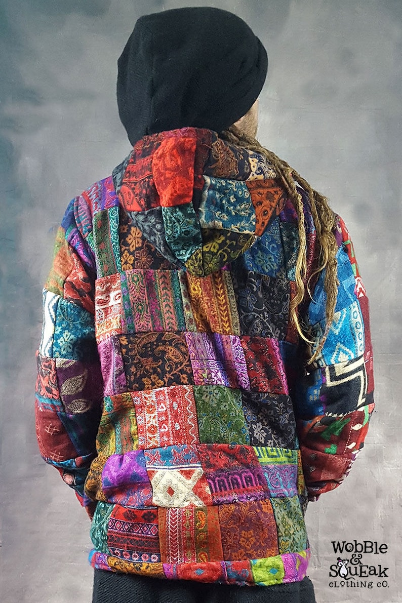 PATCHWORK JACKET Vegan Wool Cotton Lining Colourful Hippy Pixie Psytrance Festival UNISEX Hooded image 5