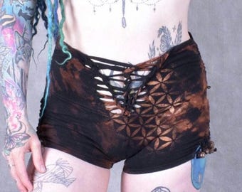 Sacred Geometry Tie Dye Shorts: Flower of Life Rave Bottoms with Beaded Sides
