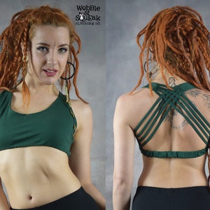 ​Front and back view of a dark green Knot-Back Yoga Crop Top by Wobble and Squeak. The high-support artisanal sports bra features intricate strappy detailing and a secure elasticated band for festival and dance wear."