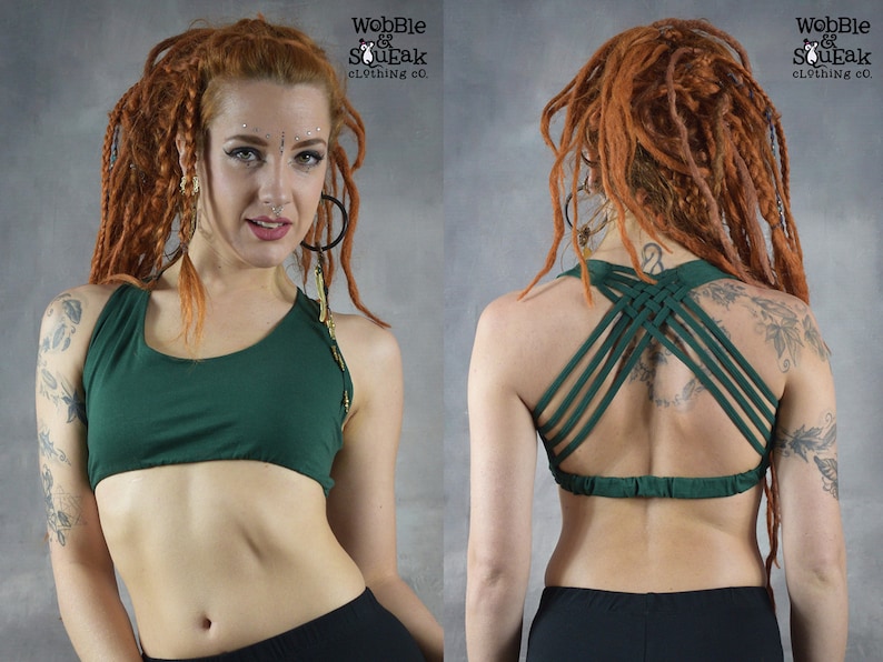 ​Front and back view of a dark green Knot-Back Yoga Crop Top by Wobble and Squeak. The high-support artisanal sports bra features intricate strappy detailing and a secure elasticated band for festival and dance wear."