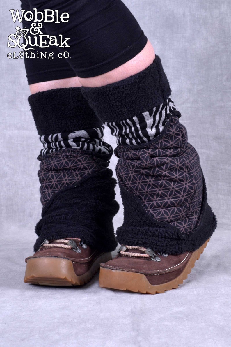 Fleece Lined LEG WARMERS Patchwork Warm Hippy Pixie Festival Psytrance Wooly Cosy Vegan WOOLEN acrylic fleece Fairtrade Black