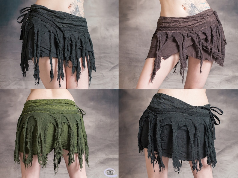 Four different variations of a short, wrap-around skirt with frayed edges. The skirts are shown in black, brown, green, and black. The skirts are made of a soft, textured fabric and have a tie closure at the side.