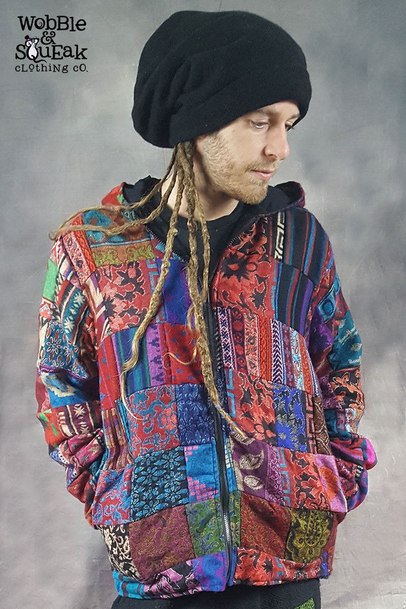 PATCHWORK JACKET Vegan Wool Cotton Lining Colourful Hippy Pixie Psytrance Festival UNISEX Hooded image 2