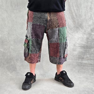 Patchwork Stonewash Cargo Shorts: Three Quarter Length Baggy Skate Pants Black